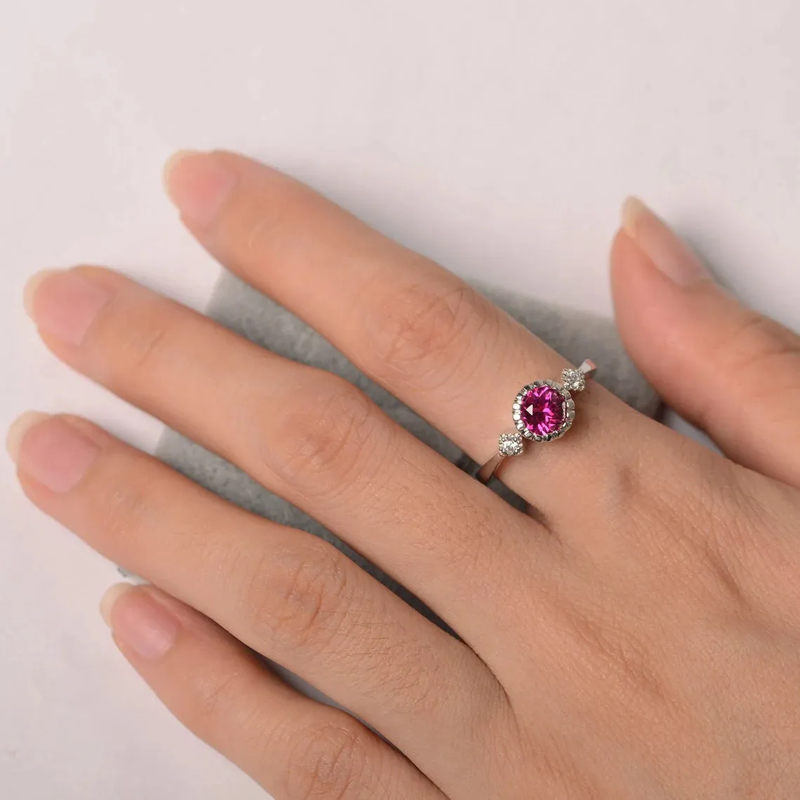 Ruby Round Cut Three Stone Ring - 925 Sterling Silver RIng