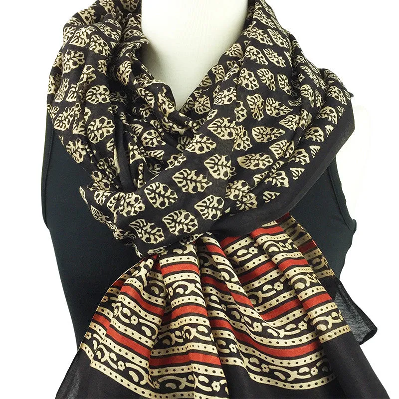 Silk and cotton Block print scarf with flower design