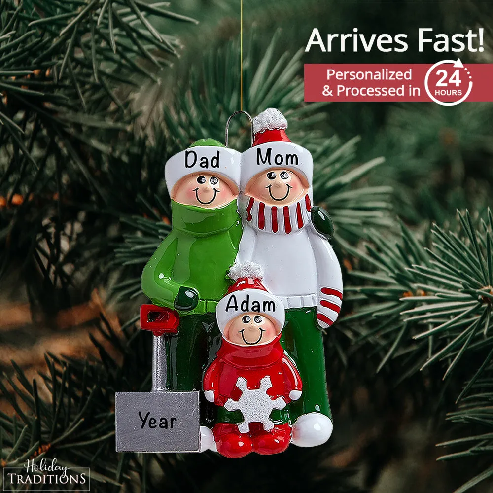 Snow Shovel Family of 3 Personalized Ornament