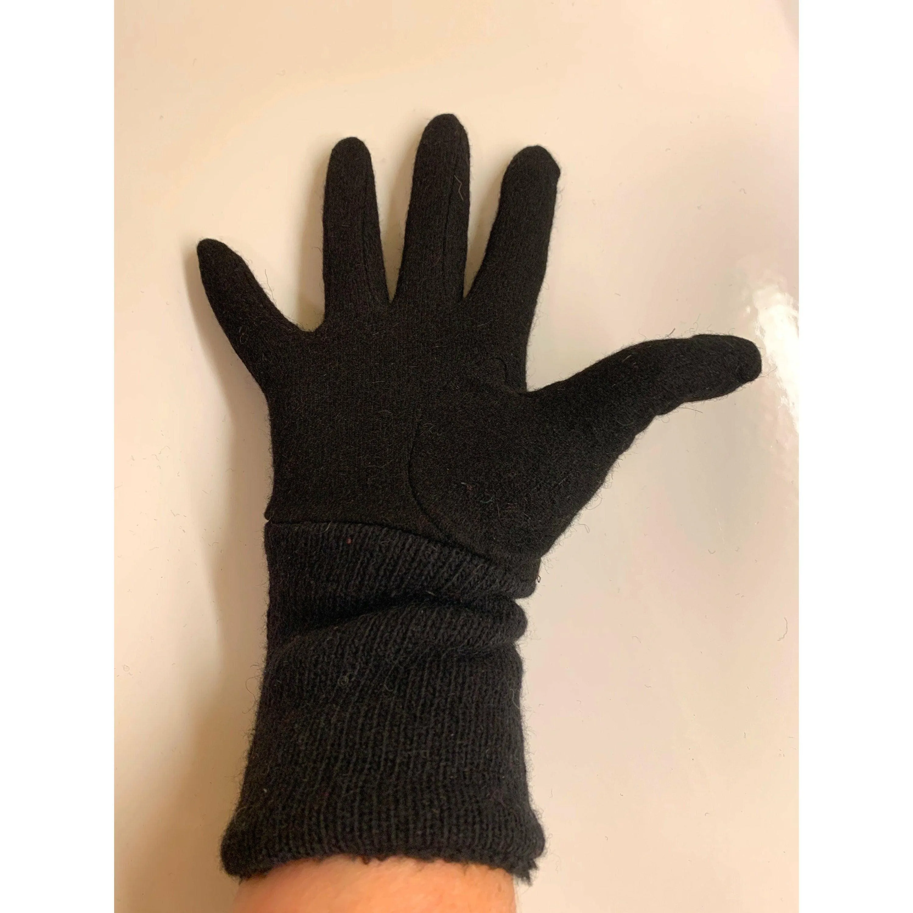 Solid Black full finger wool gloves. Toasty winter gloves stretch fit. Recycled sweater cuffs with cozy soft lining Free Shipping