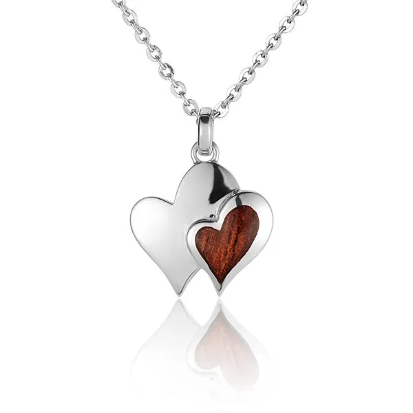 Sterling Silver Koa Wood Double Heart Pendant 18" Necklace