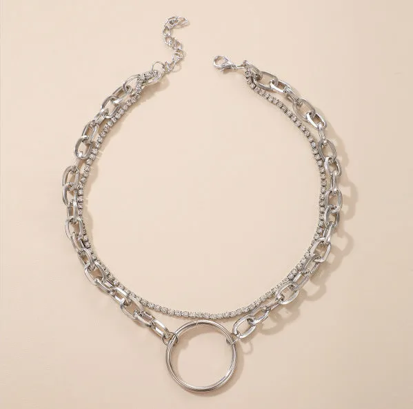 Thin And Thick Chain With Diamond Circle Hollow Necklace