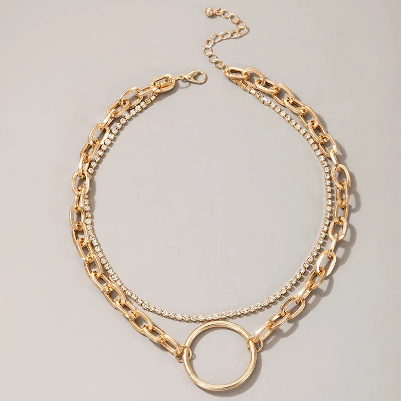 Thin And Thick Chain With Diamond Circle Hollow Necklace