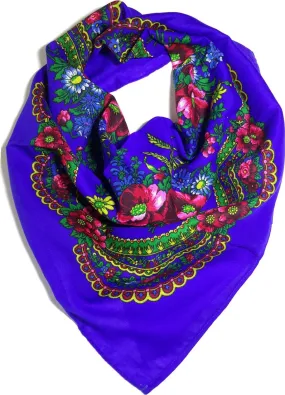 Traditional Polish Ukrainian Folk Cotton Head Scarf - Blue