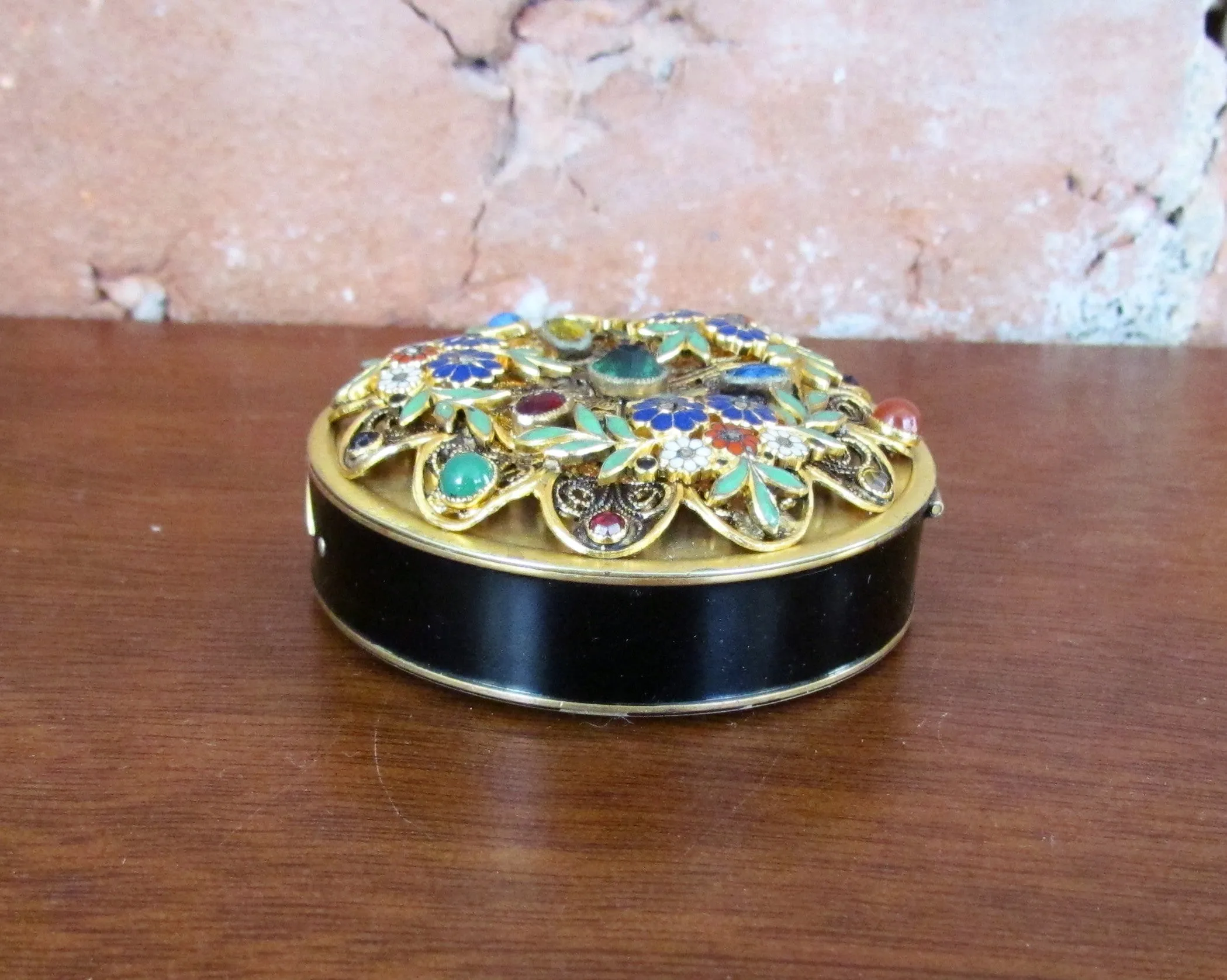 Victorian Gold Jeweled Enamel Compact Antique Floral Design