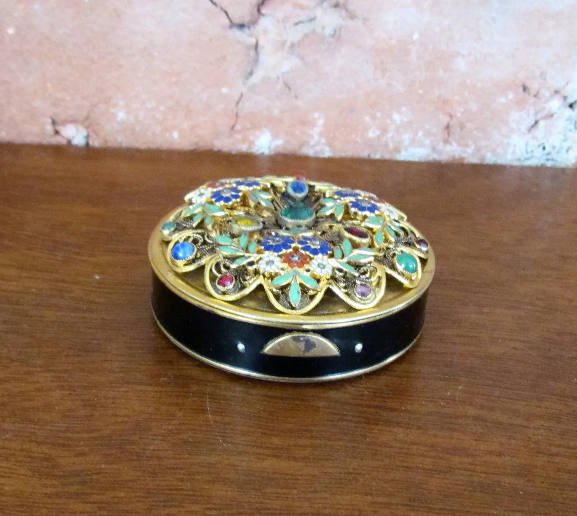 Victorian Gold Jeweled Enamel Compact Antique Floral Design