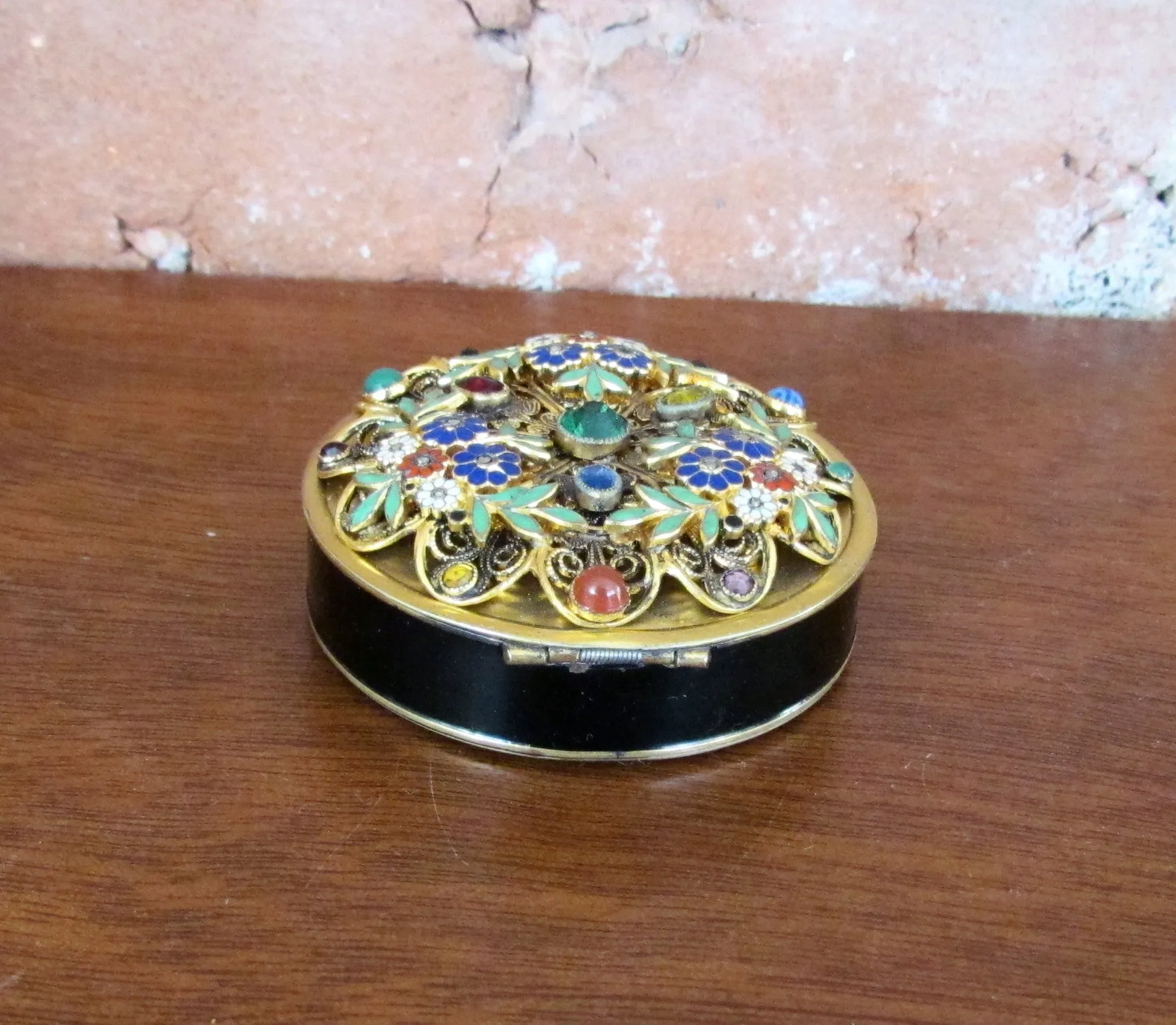 Victorian Gold Jeweled Enamel Compact Antique Floral Design