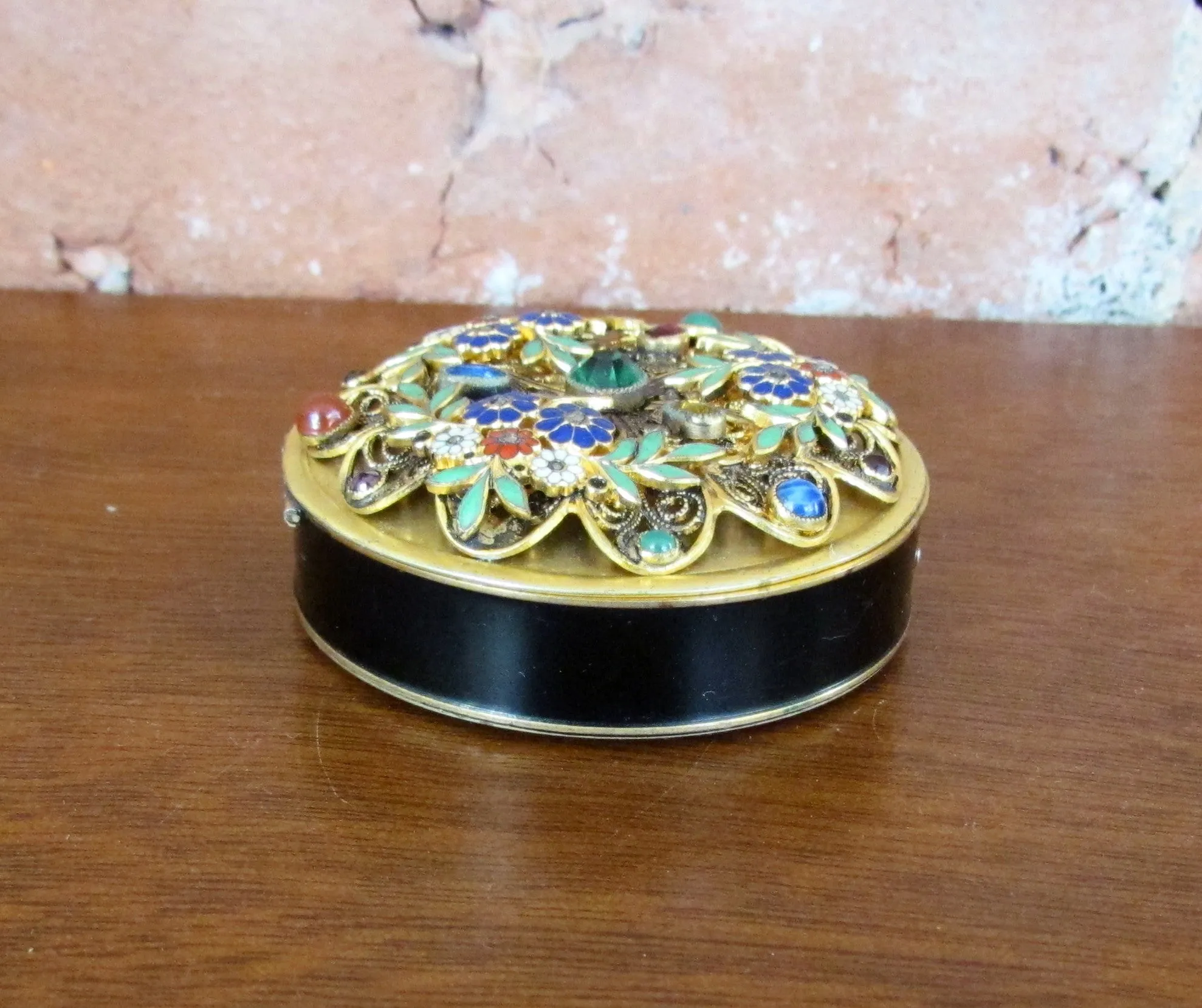 Victorian Gold Jeweled Enamel Compact Antique Floral Design