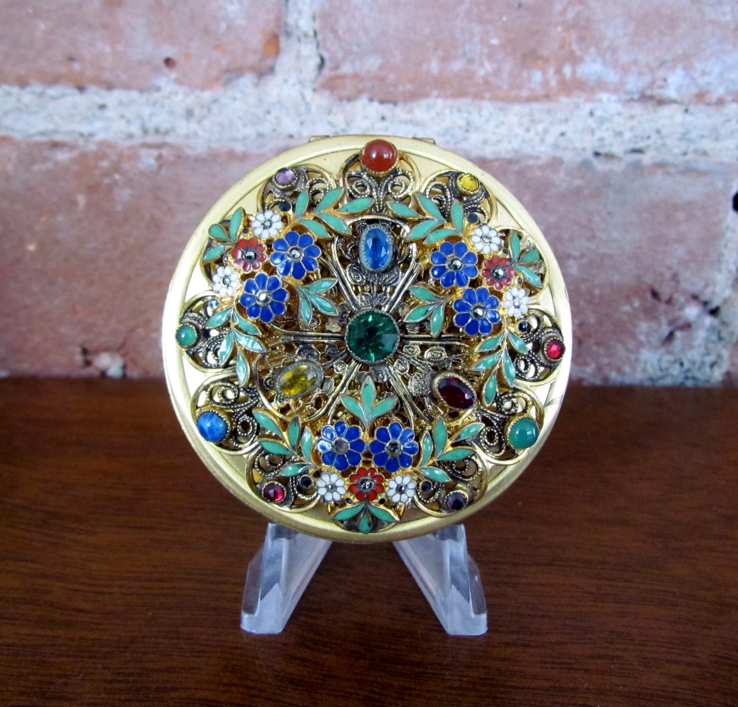 Victorian Gold Jeweled Enamel Compact Antique Floral Design