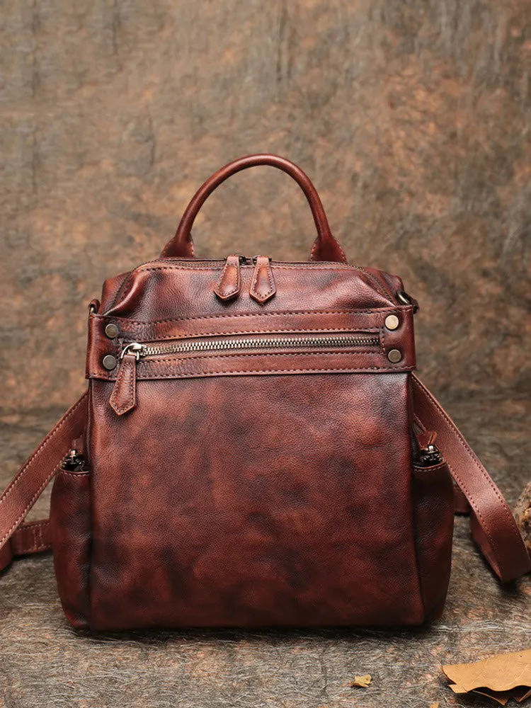 Vintage Brown Leather Rucksack Bag Womens School Leather Backpack Ladies Backpack Purses