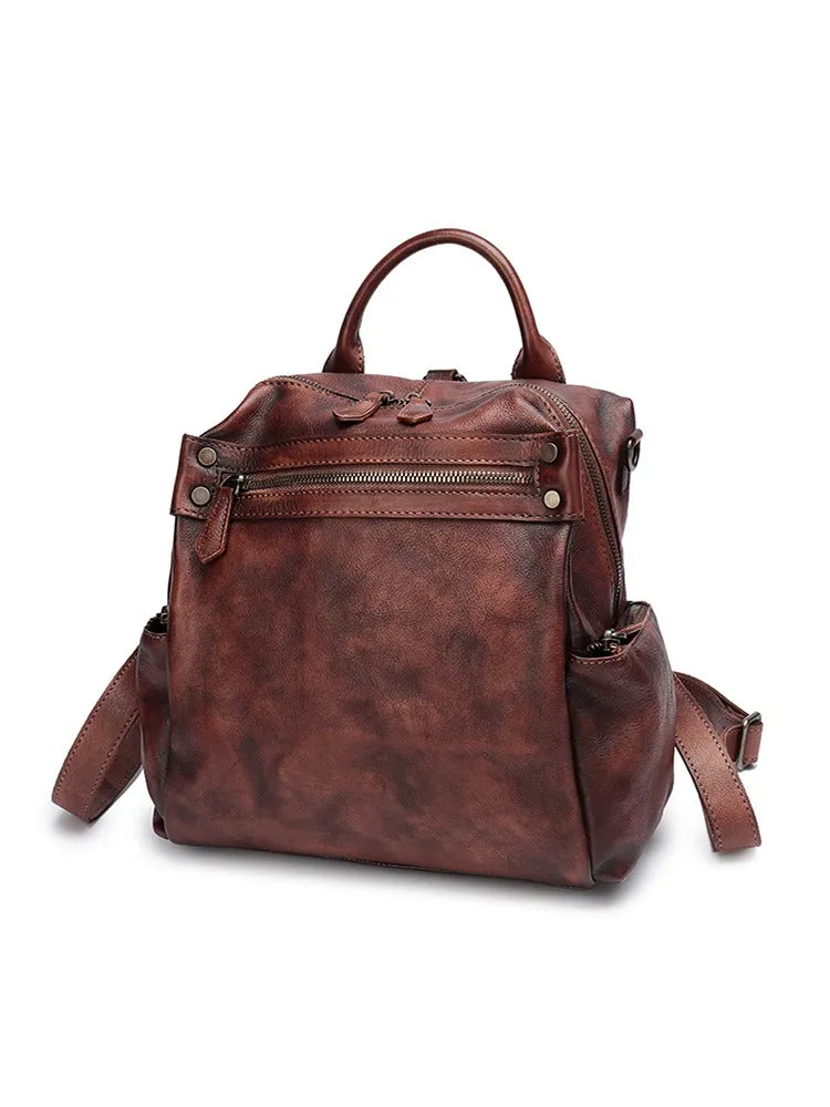 Vintage Brown Leather Rucksack Bag Womens School Leather Backpack Ladies Backpack Purses