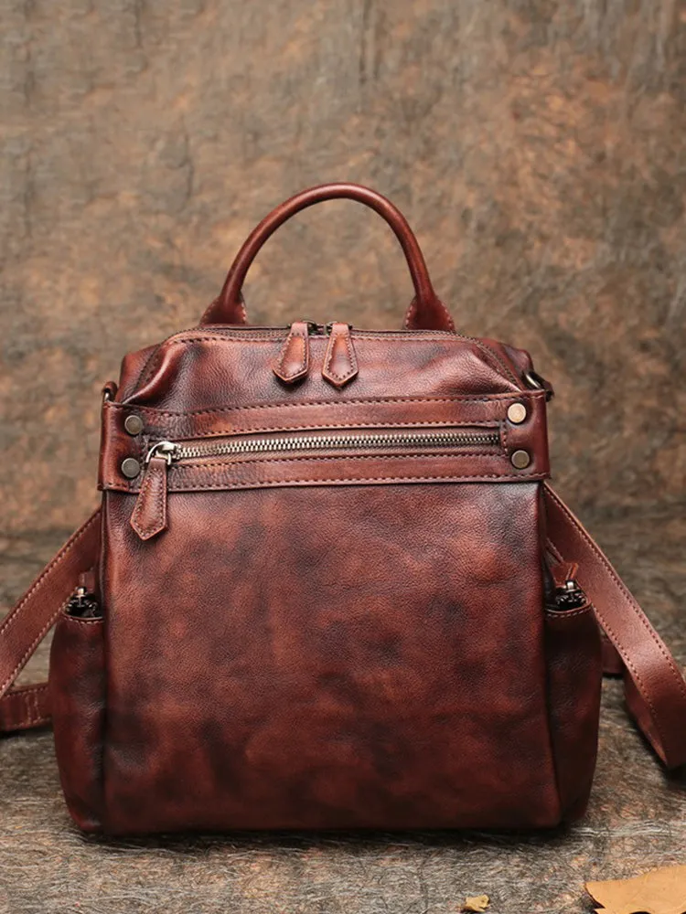 Vintage Brown Leather Rucksack Bag Womens School Leather Backpack Ladies Backpack Purses