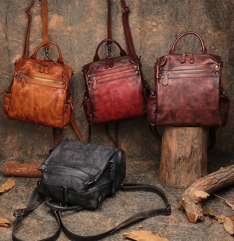 Vintage Brown Leather Rucksack Bag Womens School Leather Backpack Ladies Backpack Purses