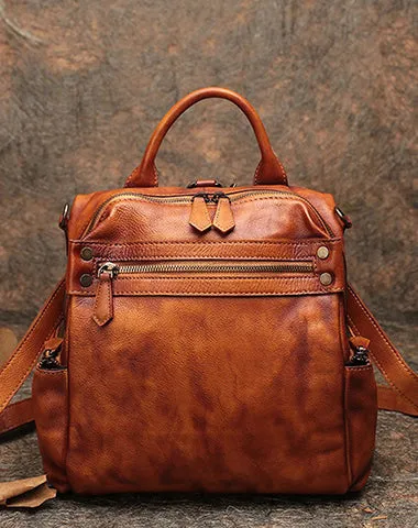 Vintage Brown Leather Rucksack Bag Womens School Leather Backpack Ladies Backpack Purses