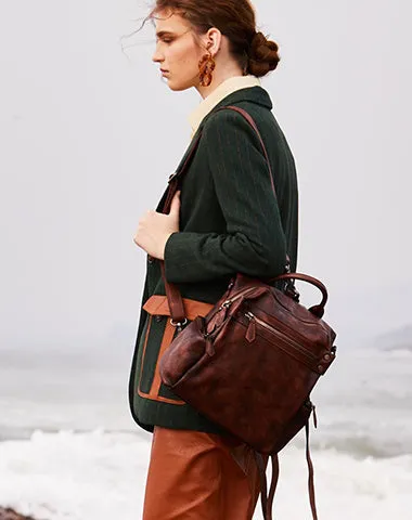 Vintage Brown Leather Rucksack Bag Womens School Leather Backpack Ladies Backpack Purses