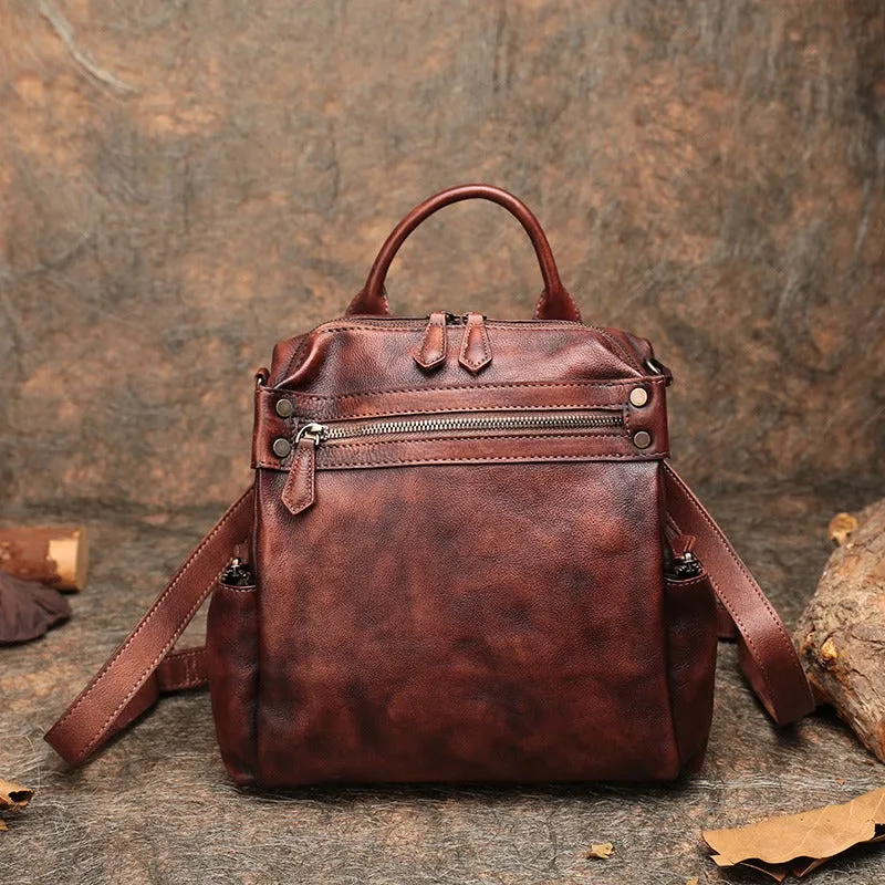 Vintage Brown Leather Rucksack Bag Womens School Leather Backpack Ladies Backpack Purses