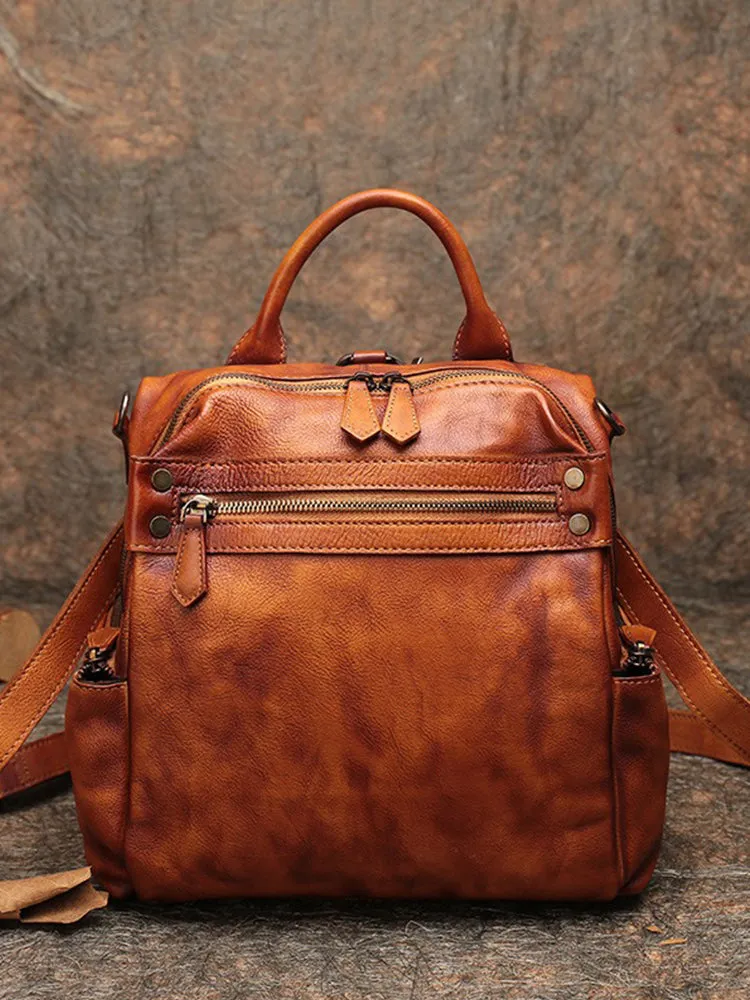 Vintage Brown Leather Rucksack Bag Womens School Leather Backpack Ladies Backpack Purses