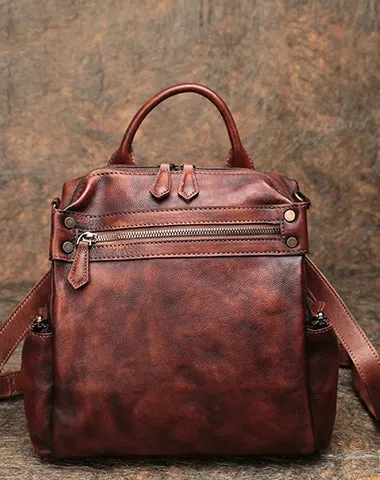 Vintage Brown Leather Rucksack Bag Womens School Leather Backpack Ladies Backpack Purses