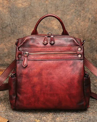 Vintage Brown Leather Rucksack Bag Womens School Leather Backpack Ladies Backpack Purses