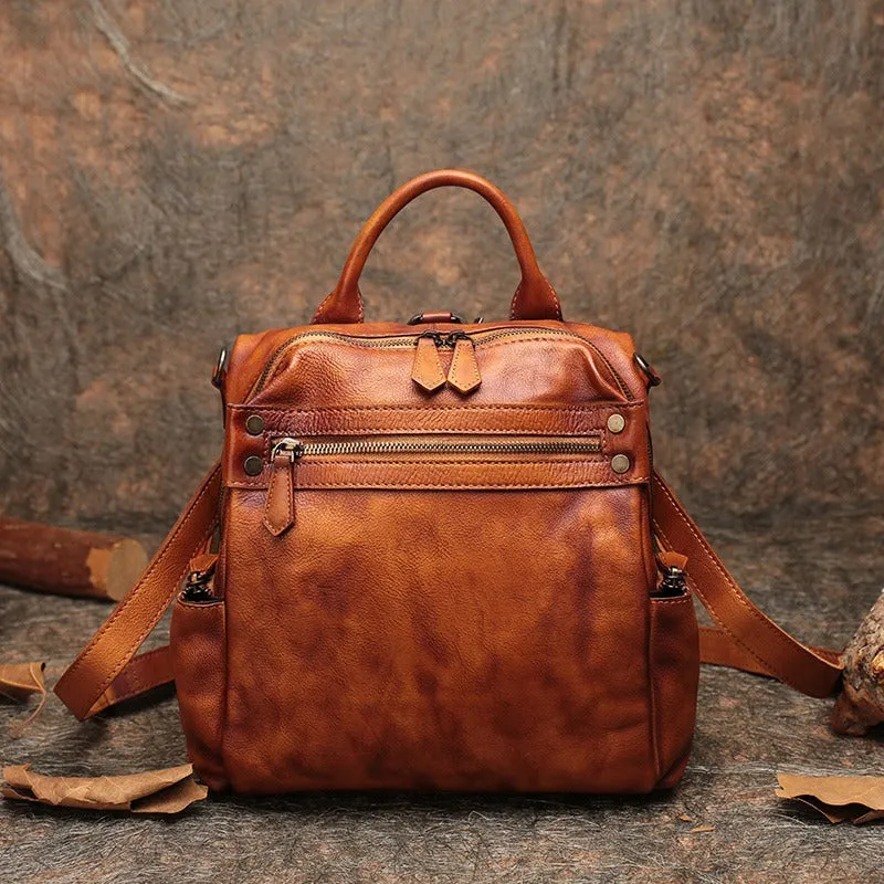 Vintage Brown Leather Rucksack Bag Womens School Leather Backpack Ladies Backpack Purses