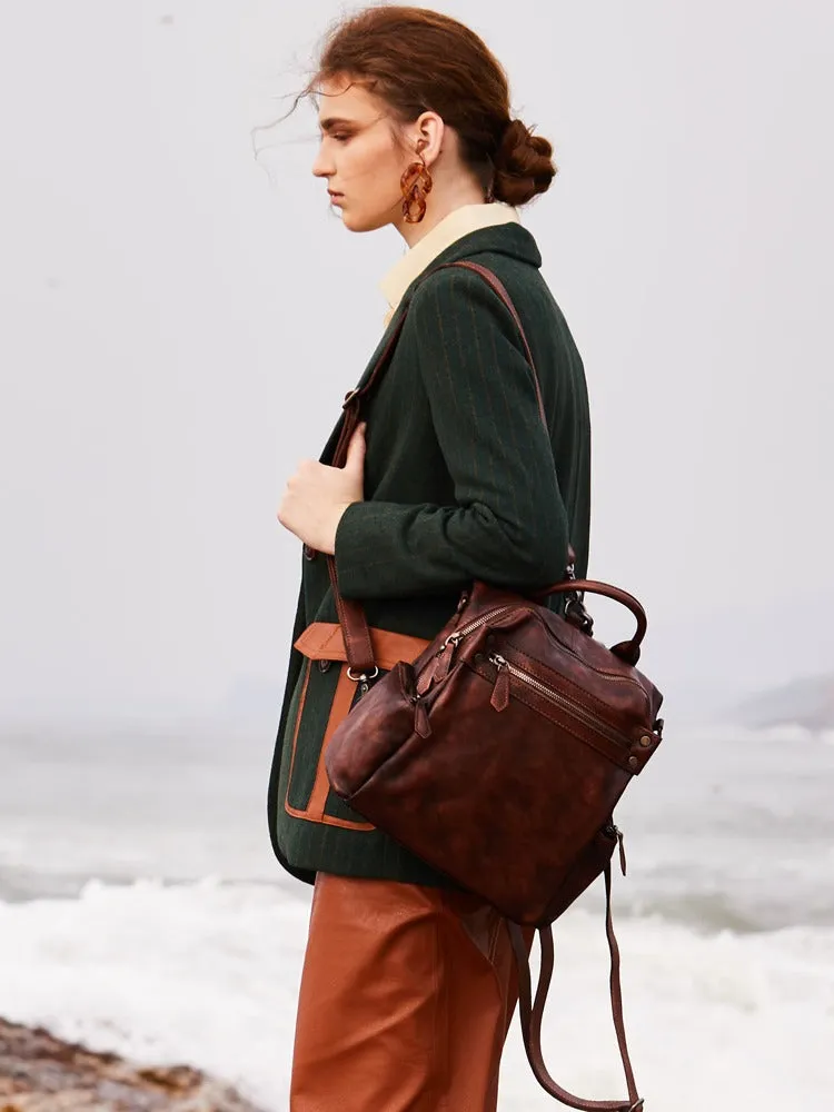 Vintage Brown Leather Rucksack Bag Womens School Leather Backpack Ladies Backpack Purses