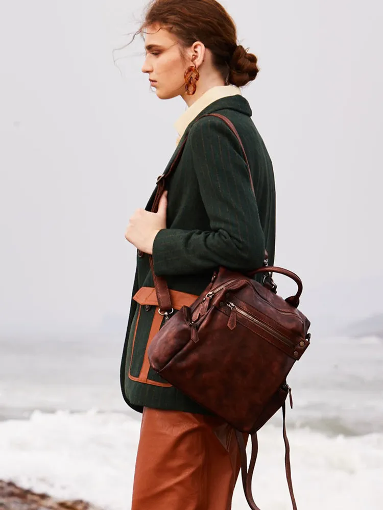 Vintage Brown Leather Rucksack Bag Womens School Leather Backpack Ladies Backpack Purses