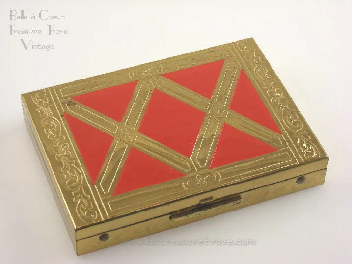 Zell Compact Vintage Gold with Red Enamel in Original Box with Tag UNUSED 1940s