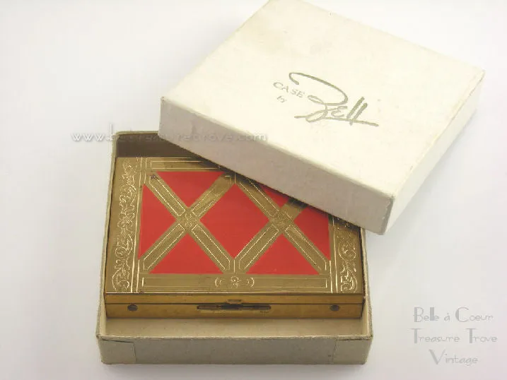 Zell Compact Vintage Gold with Red Enamel in Original Box with Tag UNUSED 1940s